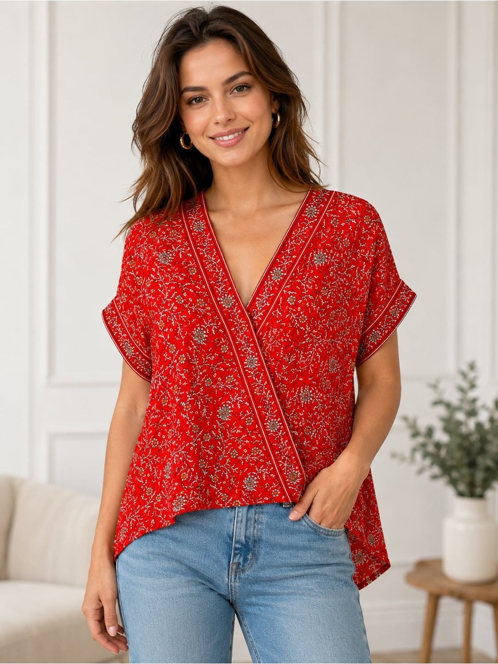 Monoprix Red Floral Wrap V-Neck Women's Top size L